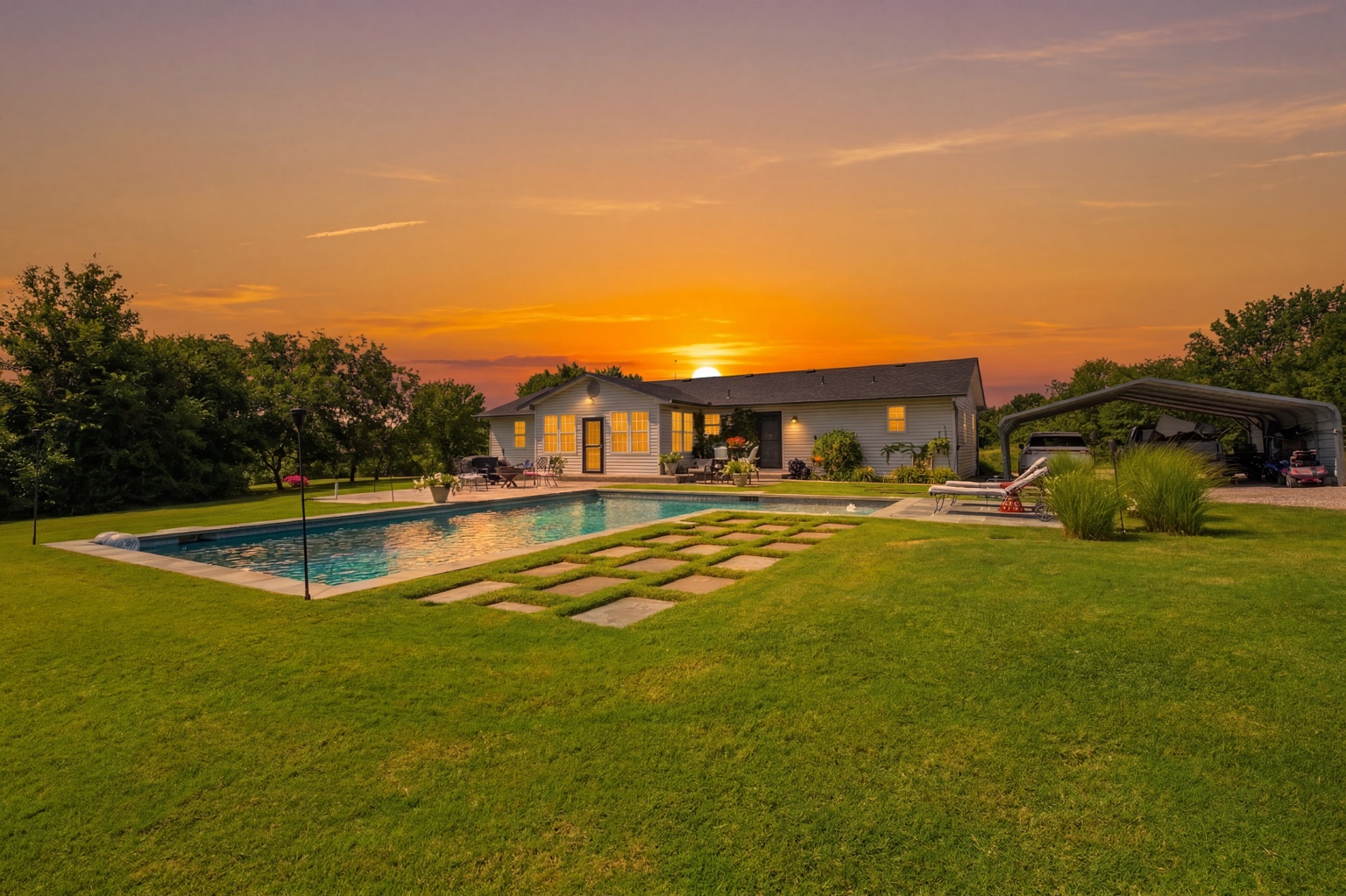 Home and pool photographed at sunset